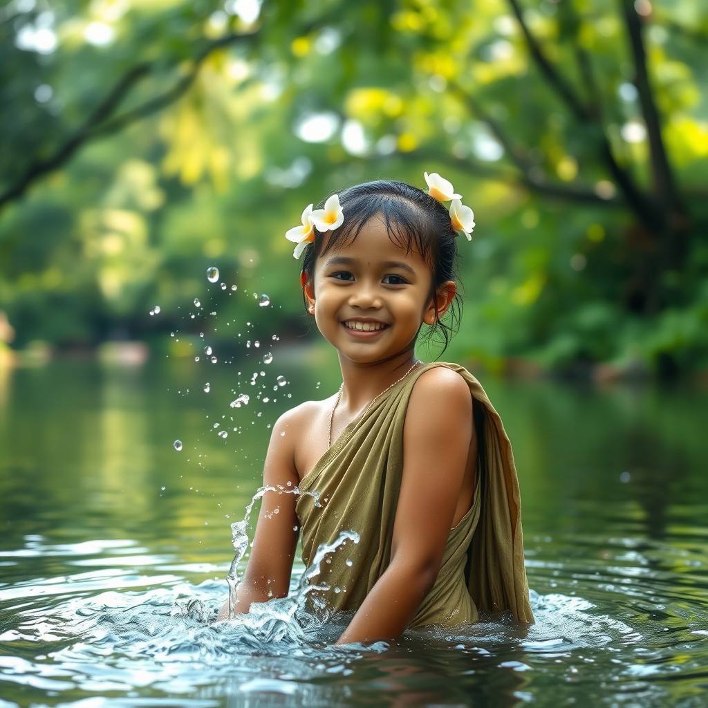 A Sundanese girl wearing a thin sarung is taking a bath in a serene river setting
