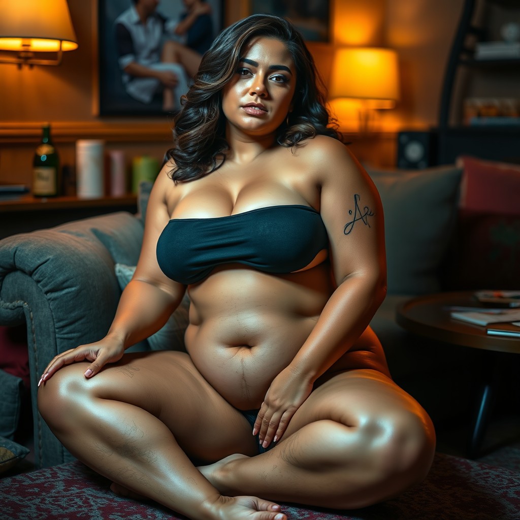 A voluptuous woman with large, well-defined curves in a makeshift yet comfortable sitting position, showcasing her confident demeanor