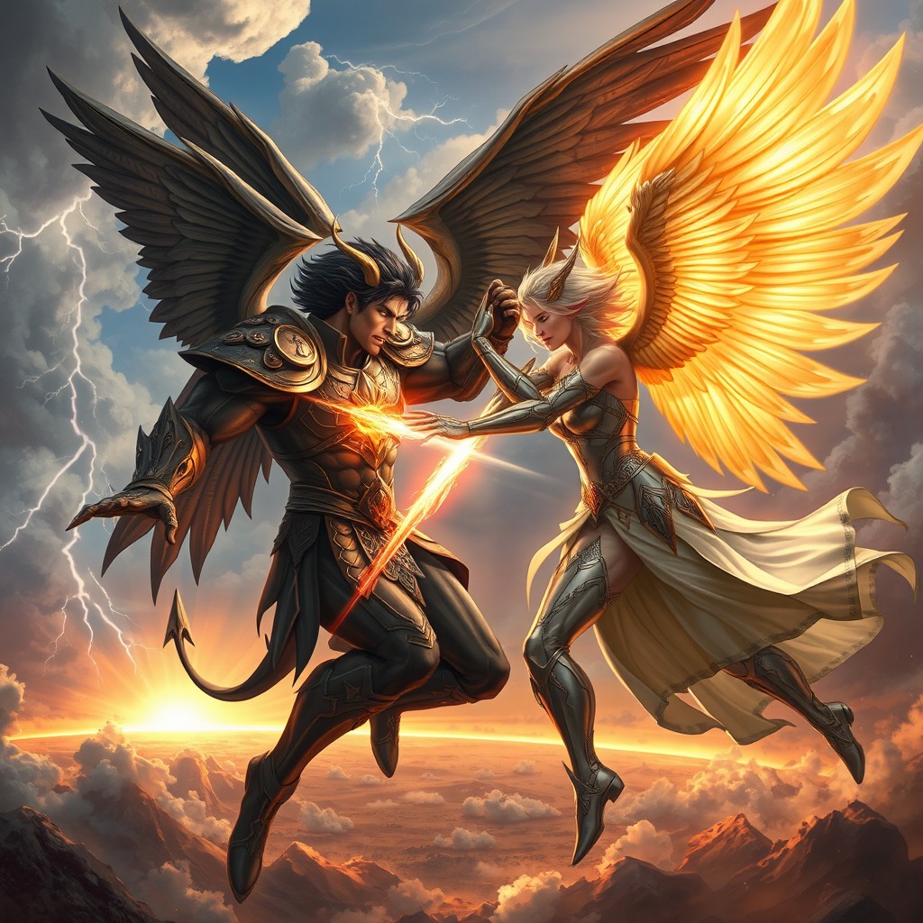 A dramatic duel scene depicting Lucifer and Heylel locked in an intense battle