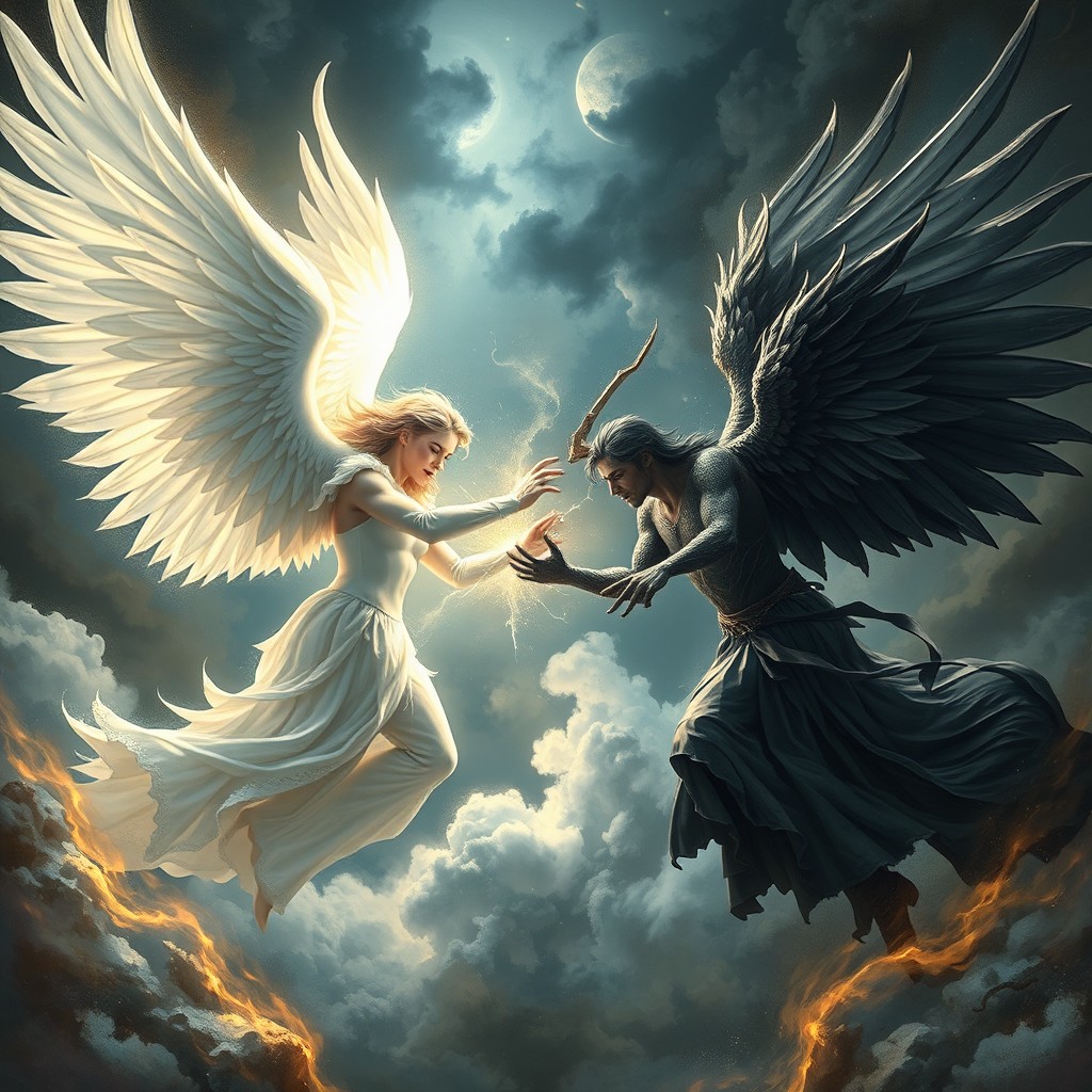 A captivating duel scene depicting Lucifer as a false god of light, with majestic white wings that emit a shimmering, deceptive glow