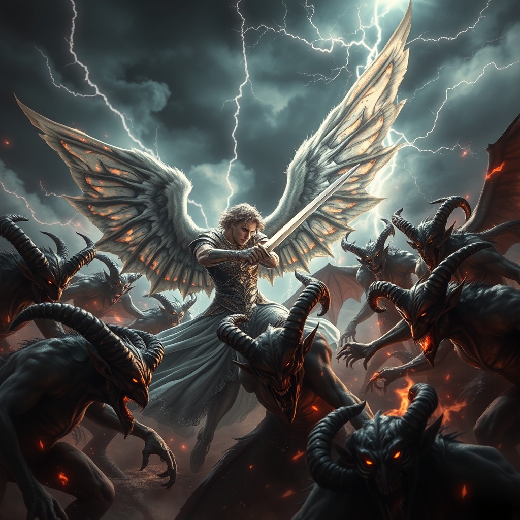 An epic battle scene featuring Samael, the archangel of death, wielding a sword, fiercely confronting a horde of demonic devils with various features like horns, wings, and fiery eyes