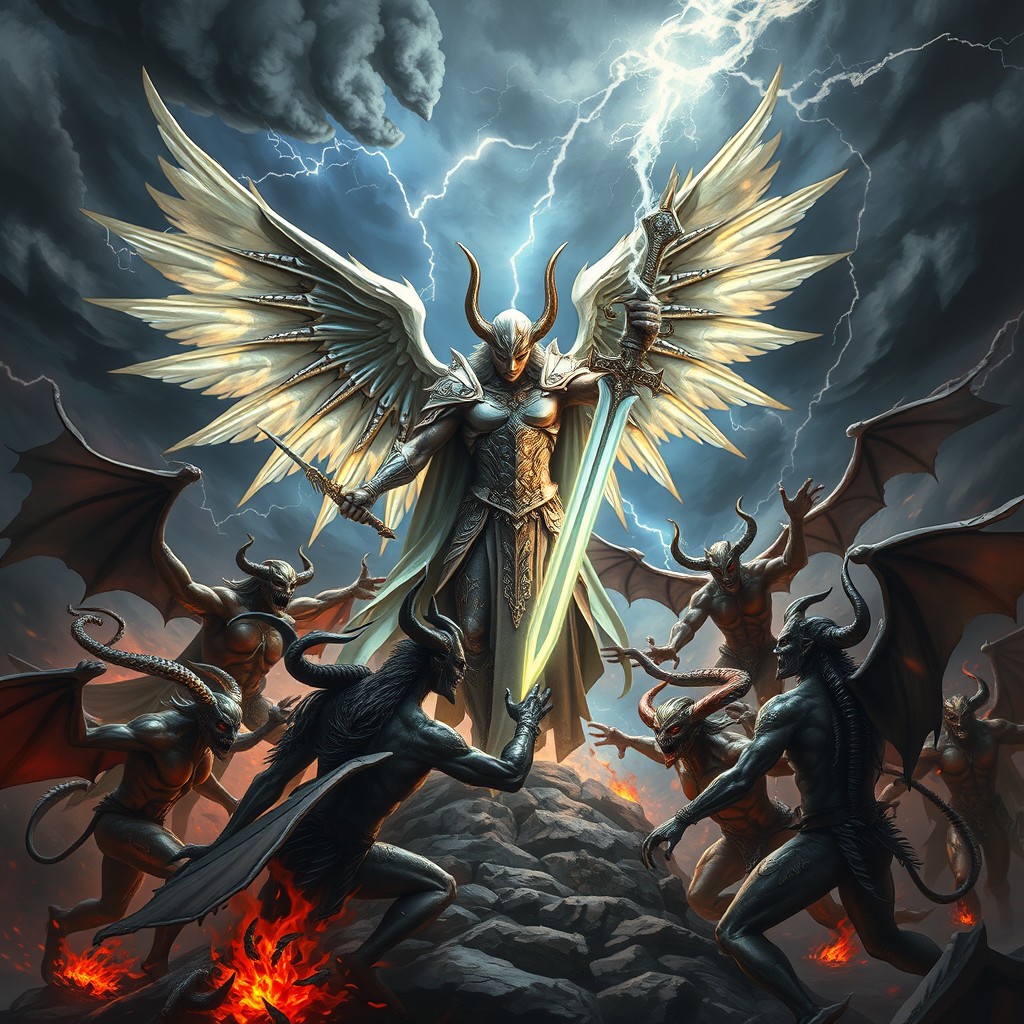 A dramatic and intense showdown between Samael, the archangel of death, and a fierce array of demonic devils