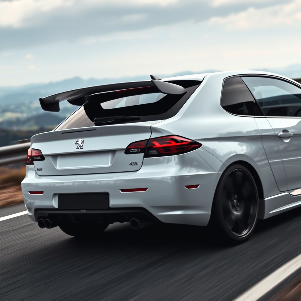 A sleek white Peugeot 405 with a stunning carbon fiber hood and trunk, featuring a sporty carbon fiber spoiler that complements the car's dramatic lines