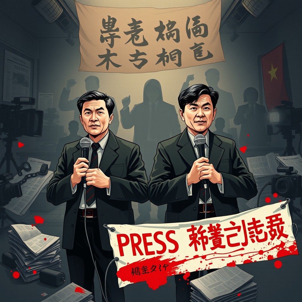 A powerful and evocative illustration capturing the theme of press freedom under siege, focusing on the Yuyitung brothers as symbolic figures