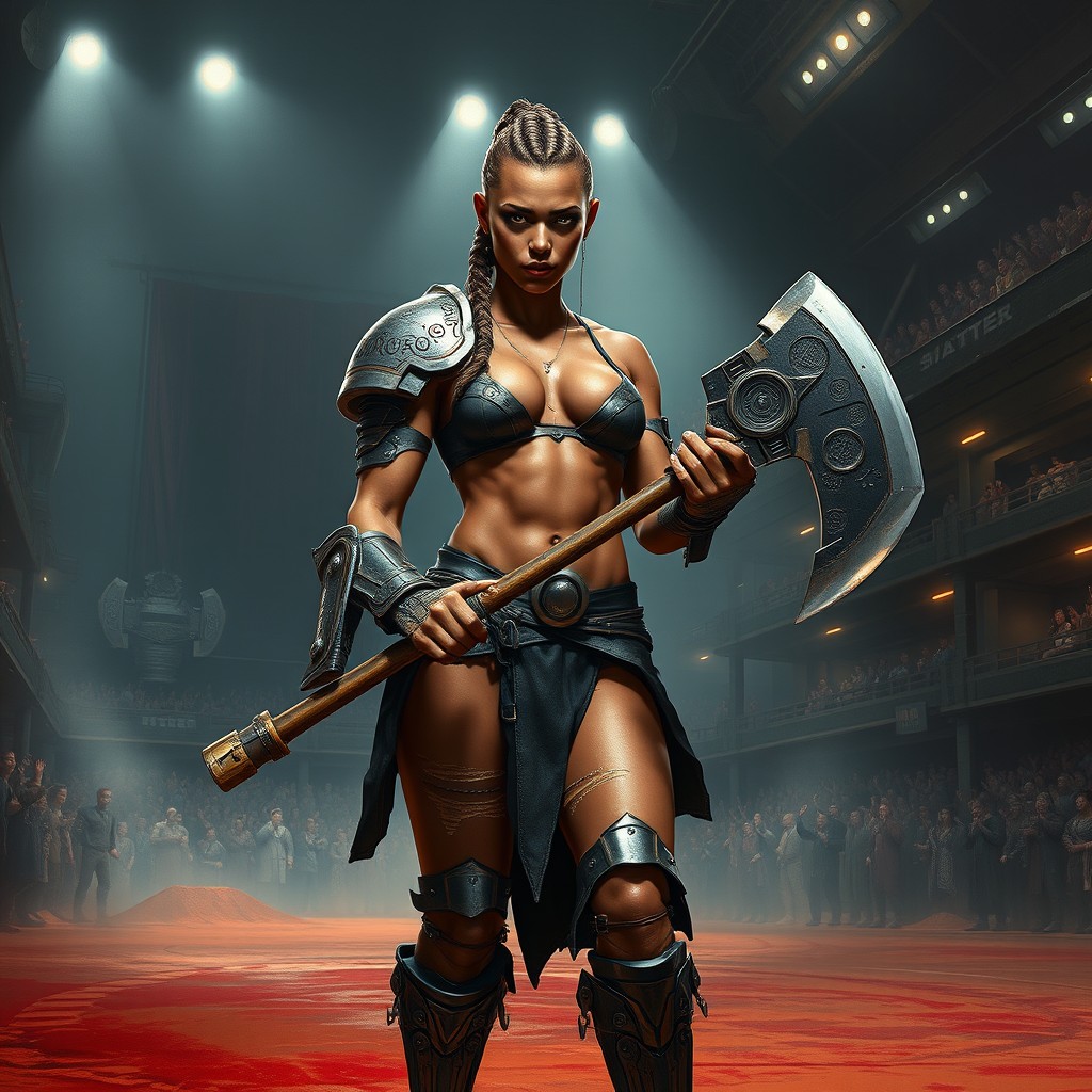 A hyper-realistic digital painting of Thara Jax, a tall and powerful female gladiator in a gritty space opera setting