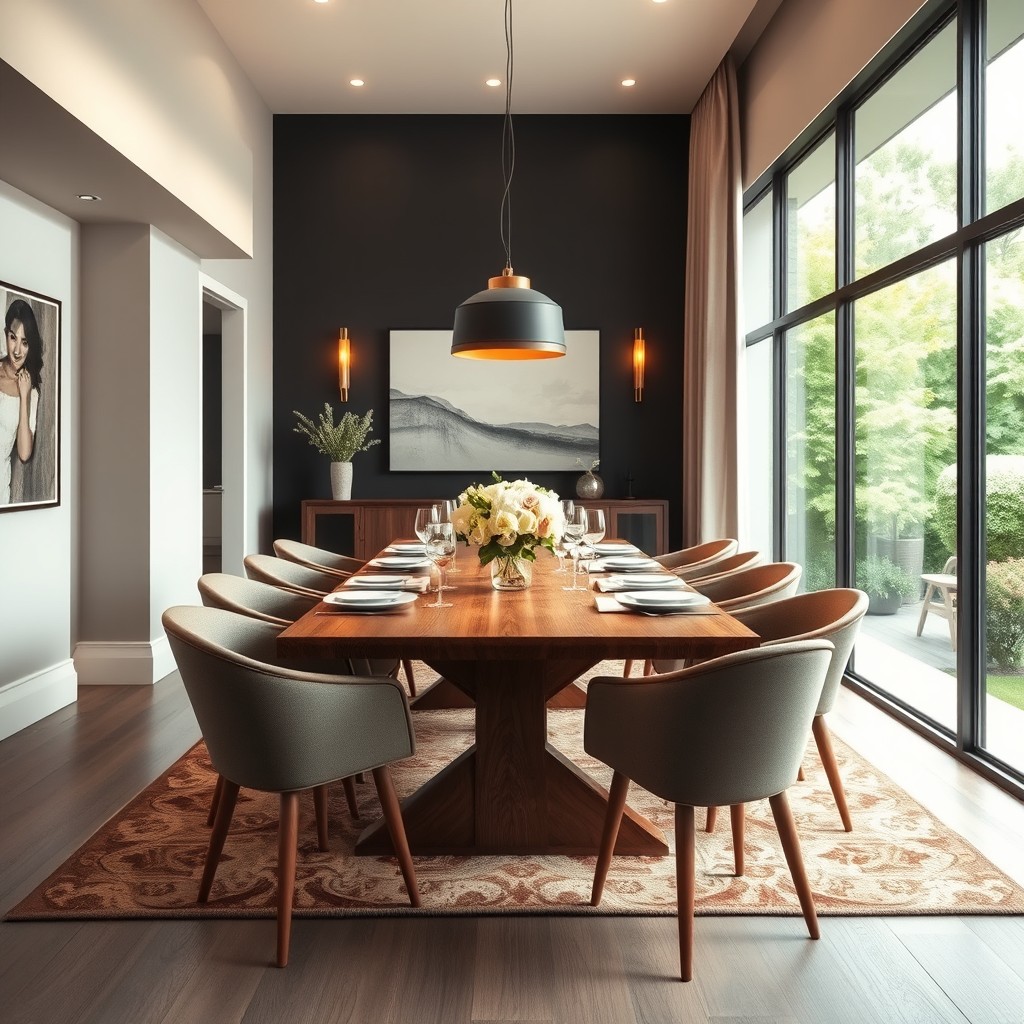 A beautifully designed integral dining room featuring a large wooden table surrounded by stylish chairs