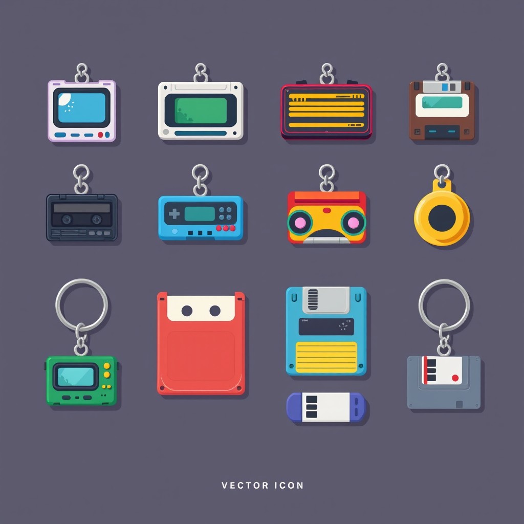 A collection of vector icons designed for keychains, inspired by popular culture