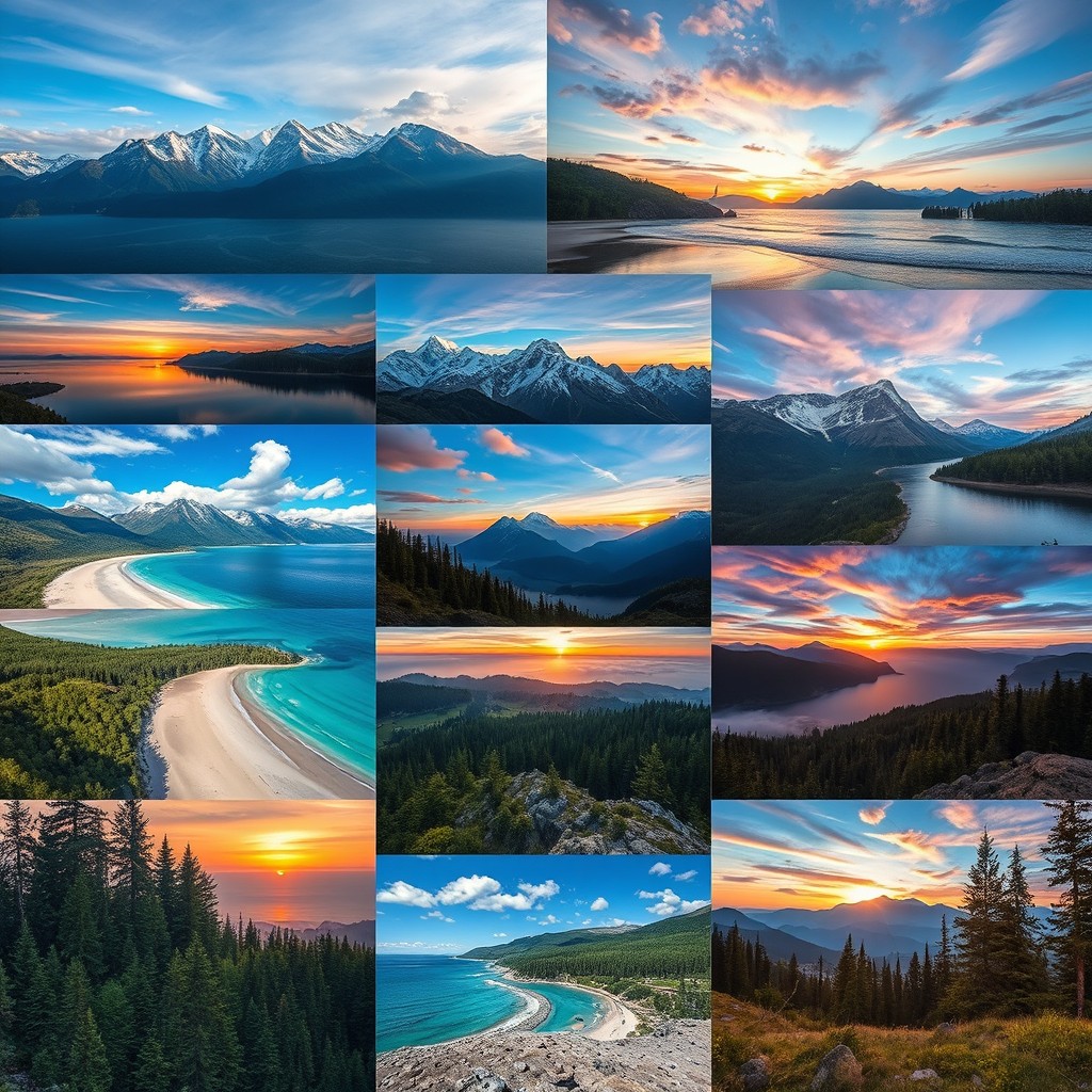 Create a dynamic video compilation featuring a montage of beautiful landscape images, showcasing a variety of scenic views such as majestic mountains, serene beaches, lush forests, and colorful sunsets