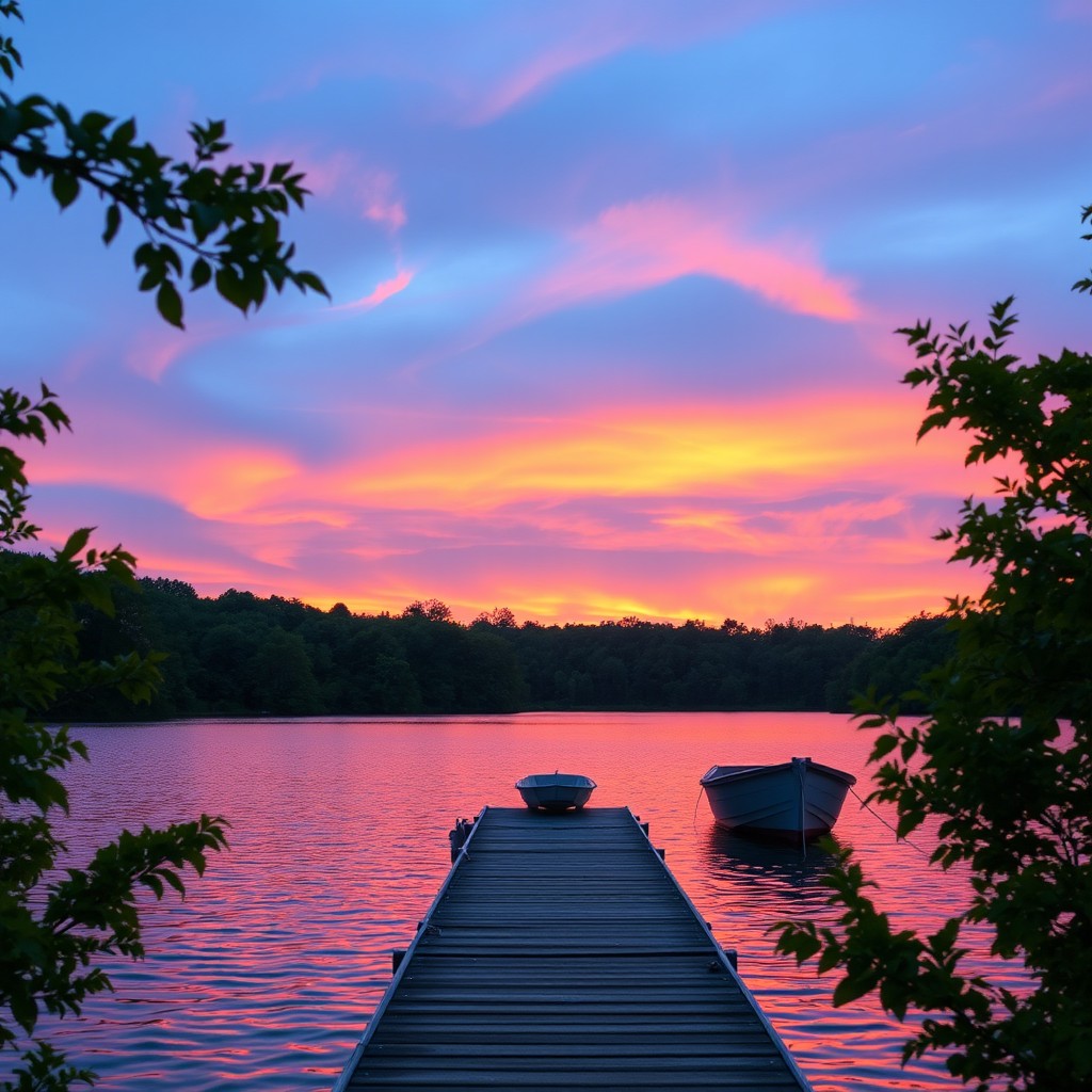 A stunning sunset over a serene lake, where the vibrant colors of orange and pink blend beautifully against the blue sky