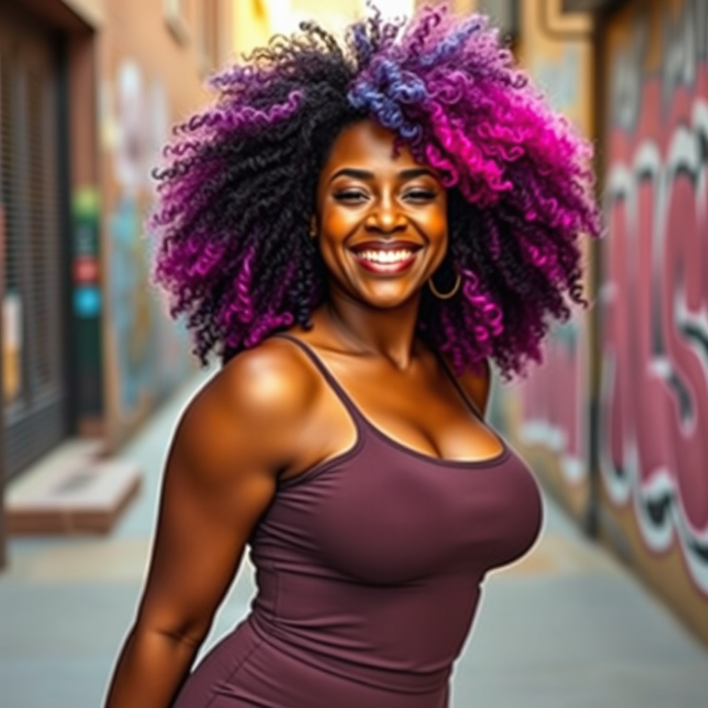 A beautiful, confident woman with vibrant, colorful afro hair that blends shades of purple, blue, and pink