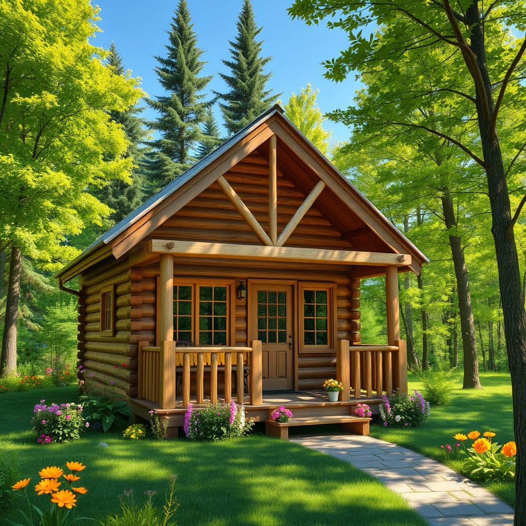 A cozy 6x4 wooden cabin nestled in a lush green forest
