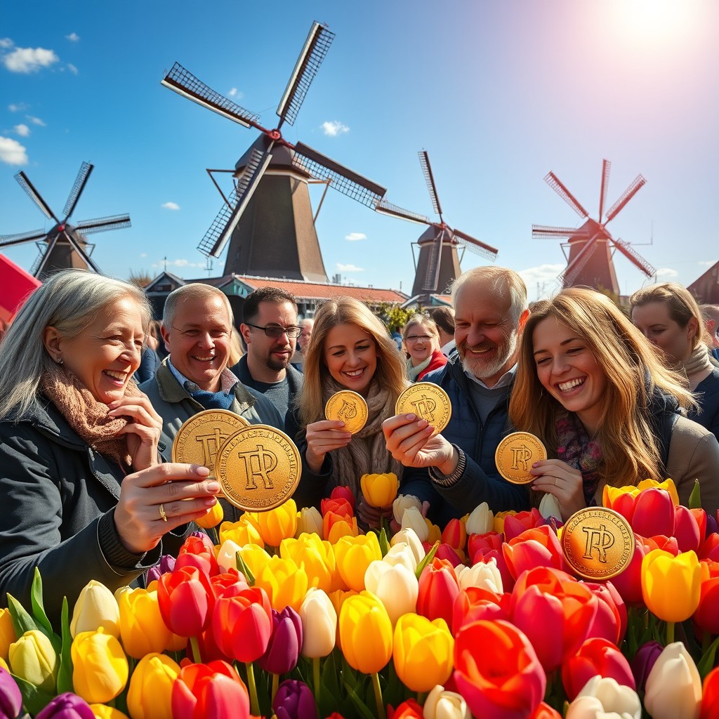 A lively tulip market scene in the Netherlands, featuring groups of happy Dutch people joyfully spending coins that have the phi symbol on them