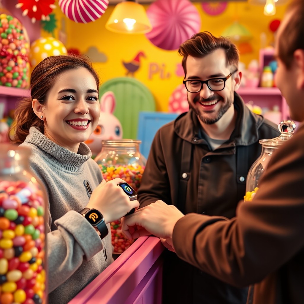 A cheerful scene at a colorful candy shop, featuring a person paying for candy using a smartwatch, which prominently displays the pi crypto coin symbol on its screen
