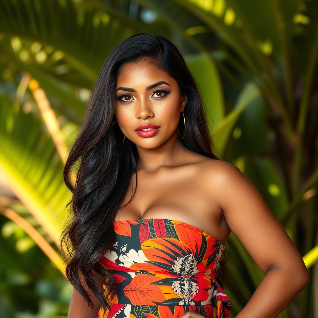 A beautiful Filipina woman in her 30s, with a darker complexion and long, flowing hair