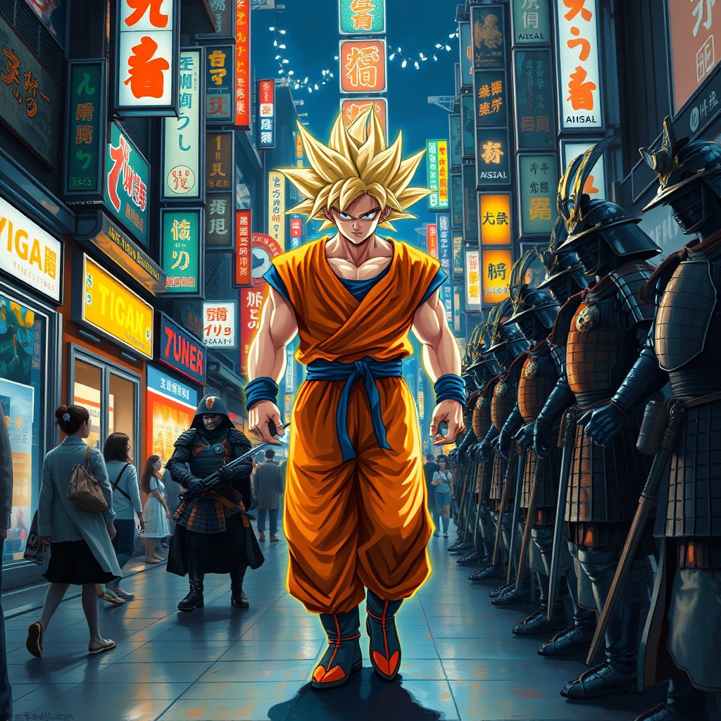 A realistic painting depicting a super glowing Goku walking confidently down a bustling street in Tokyo, surrounded by traditional samurai in full armor, blending modern and historical elements