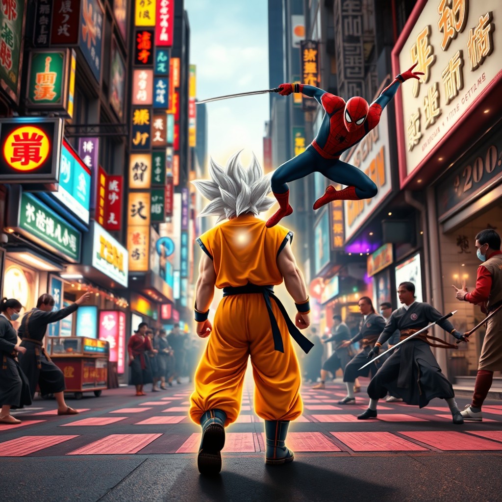A dynamic scene depicting super glowing Goku walking confidently down a vibrant Tokyo street, where an epic battle unfolds in the background