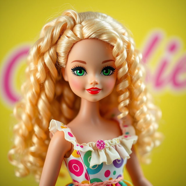 A beautiful and realistic Barbie doll with long, curly blonde hair and sparkling green eyes, inspired by the charming character of Candy Candy
