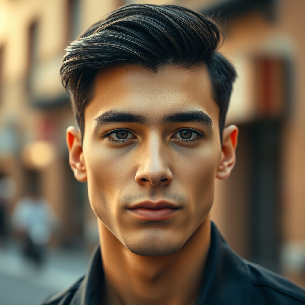 A portrait of a handsome young man with serene features, captured in a soft focus