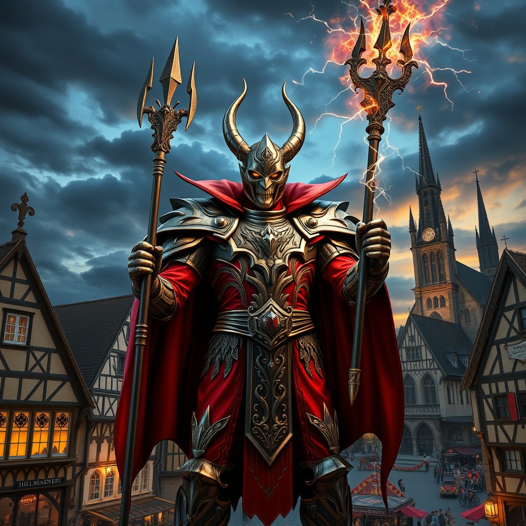 A formidable supervillain standing atop the medieval Market Square in Hildesheim, Germany