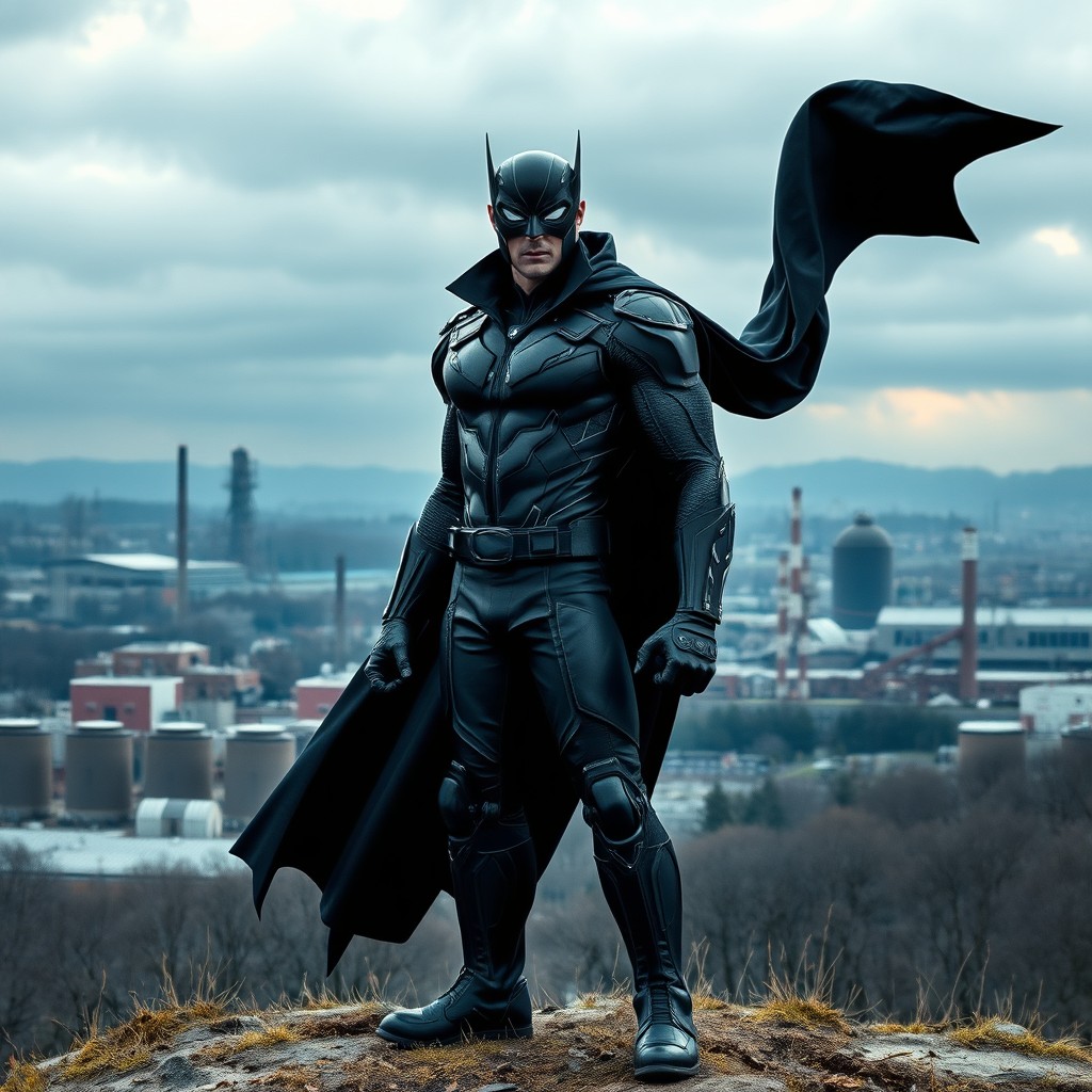 A super villain character inspired by the city of Salzgitter, featuring a striking dark costume with metallic accents representing industrial elements of the city