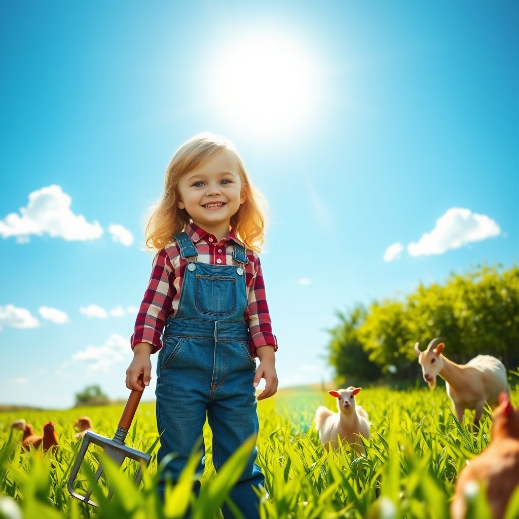 A young girl with golden blonde hair, dressed in a farmer's outfit, including a plaid shirt and denim overalls