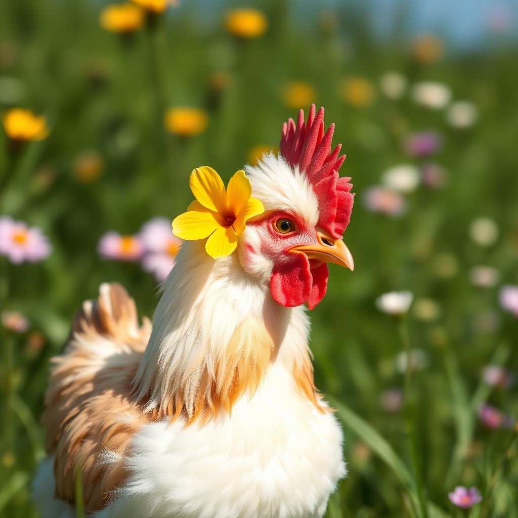 A whimsical chicken with a vibrant flower adorned on its ear, standing in a sunny, lush green meadow