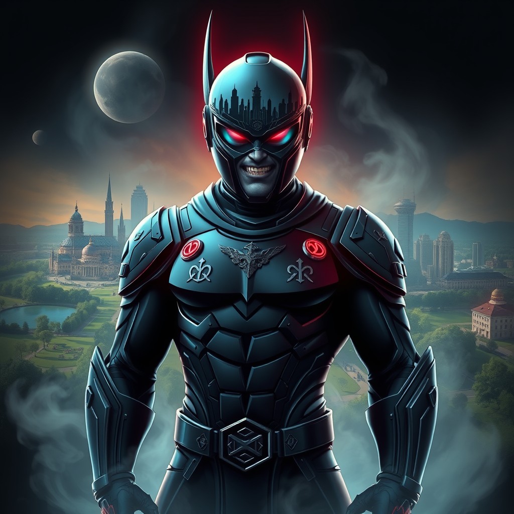 A super villain character inspired by the city of Moers, showcasing a menacing figure clad in a dark, sleek armor adorned with motifs representing the local culture and history