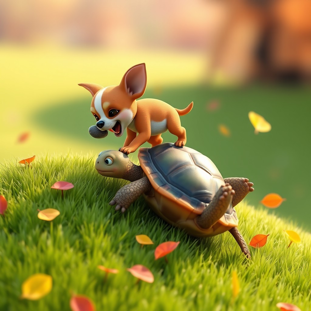 A joyful Pixar-style 3D scene depicting a small chihuahua playfully pushing a turtle up a grassy hill with its nose
