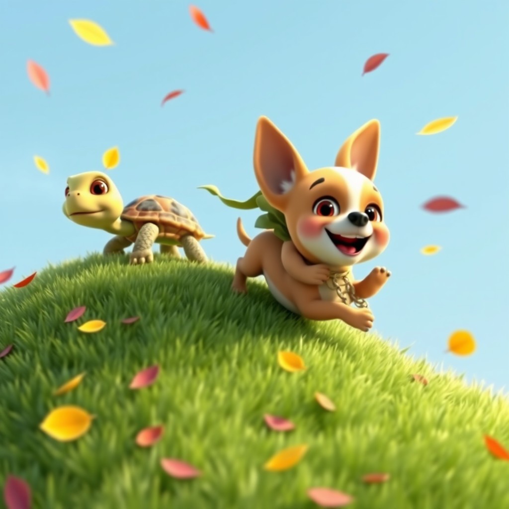 A joyful Pixar-style 3D animated scene featuring a small, lively chihuahua with big expressive eyes and a playful demeanor, energetically pushing a cheerful turtle up a grassy hill with its nose