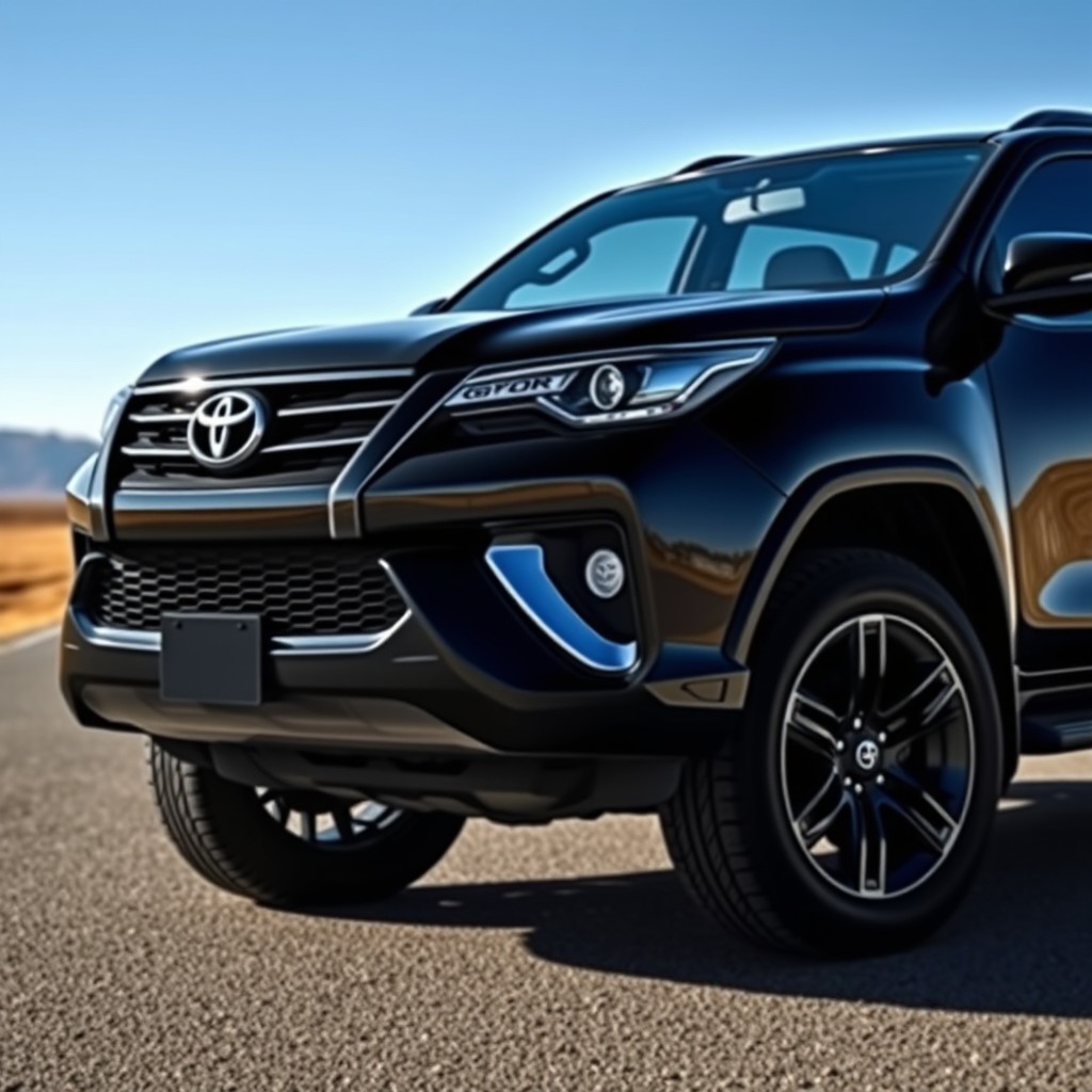 A black Toyota Fortuner GR Sport SUV with metallic black paint, photographed in a dramatic front three-quarter angle