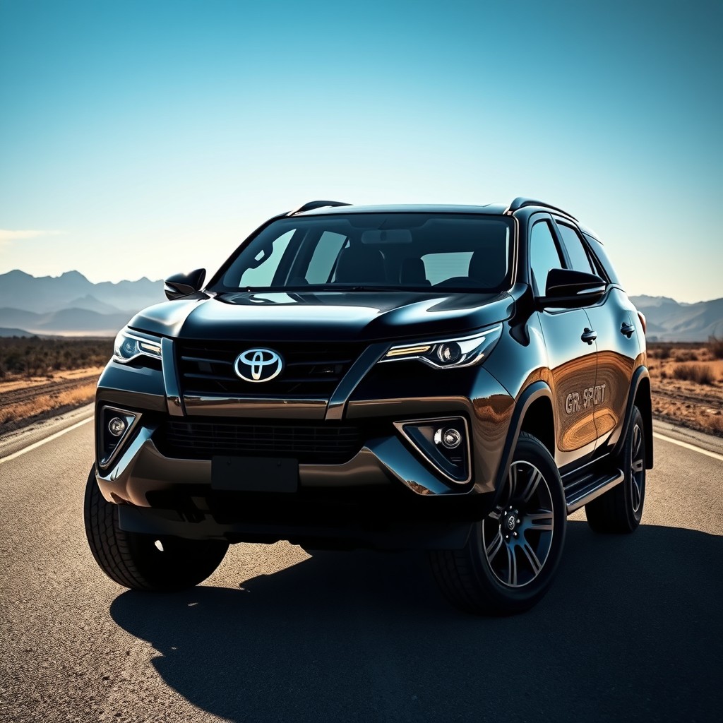 A black Toyota Fortuner GR Sport SUV with metallic black paint, photographed in a dramatic front three-quarter angle