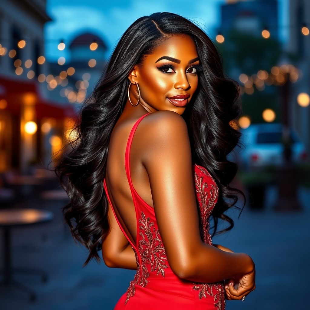 A stunning black woman with an hourglass figure, exuding beauty and confidence