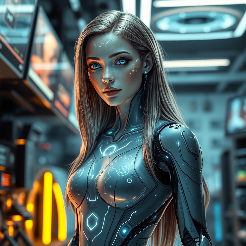 An attractive female AI character with futuristic features, glowing circuits on her skin, wearing a sleek, form-fitting outfit made of advanced materials