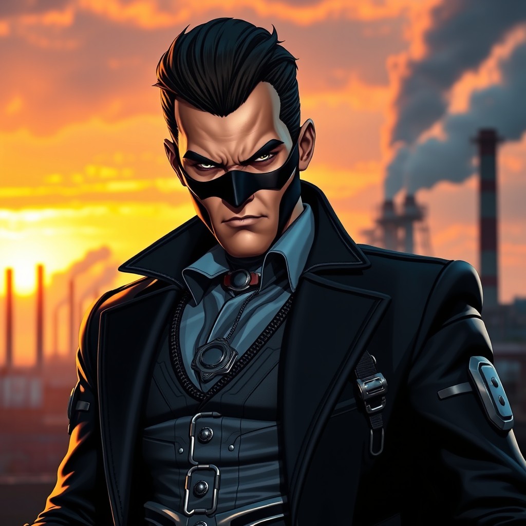 A formidable super villain character, inspired by the industrial backdrop of Recklinghausen, Germany