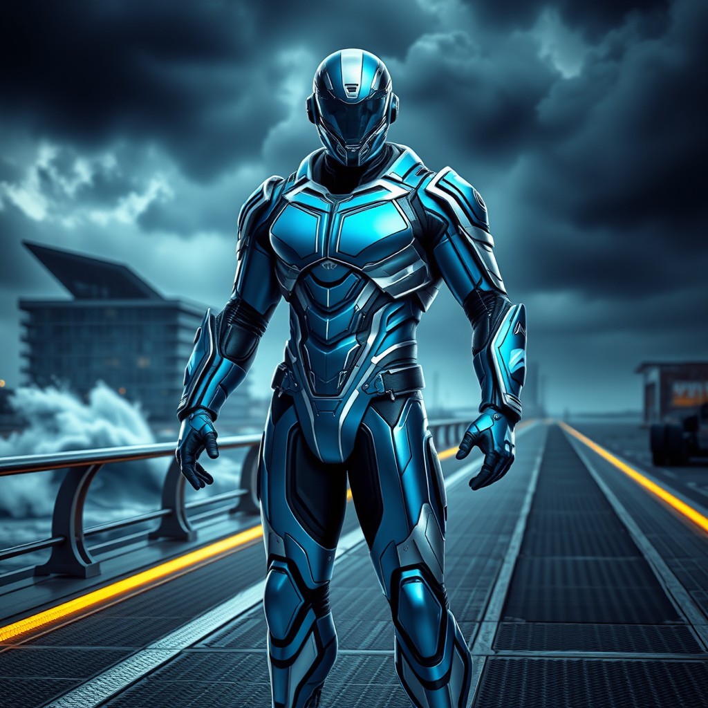 A futuristic super villain inspired by the city of Bremerhaven in Germany, dressed in a sleek, high-tech battle suit that integrates elements of maritime design, showcasing blue and silver colors reflecting the ocean