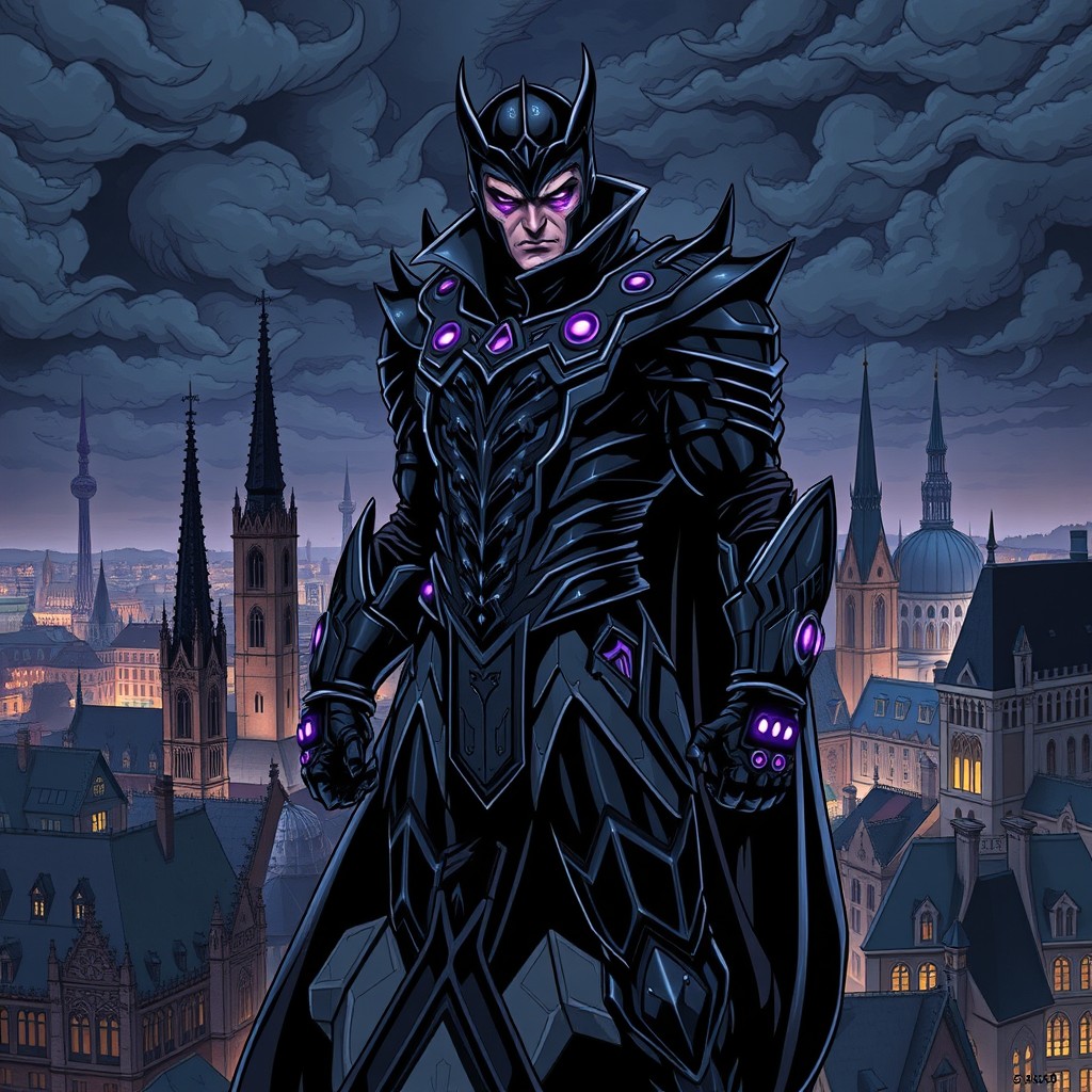 A menacing super villain inspired by the city of Erlangen in Germany, adorned in a dark, armored suit with intricate designs that resemble the city's historic architecture