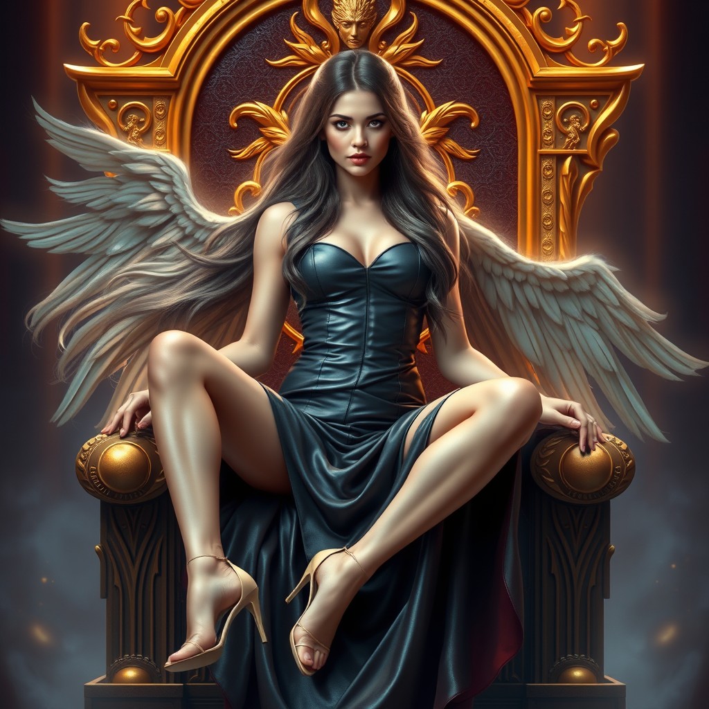A majestic goddess with long, flowing hair cascading down her back, wearing a stylish leather short dress that showcases her elegance and strength
