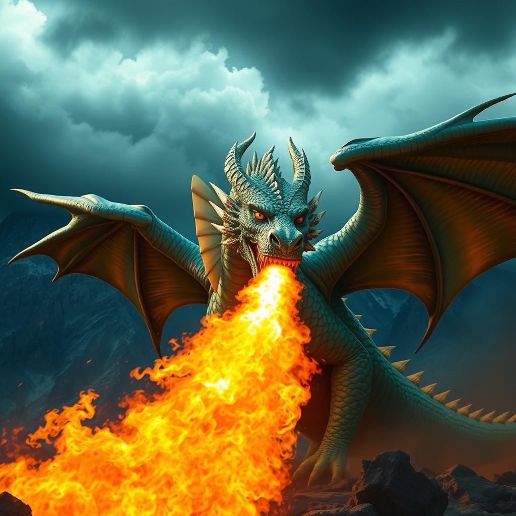 A majestic dragon breathing fire, showcasing its incredible power and grace