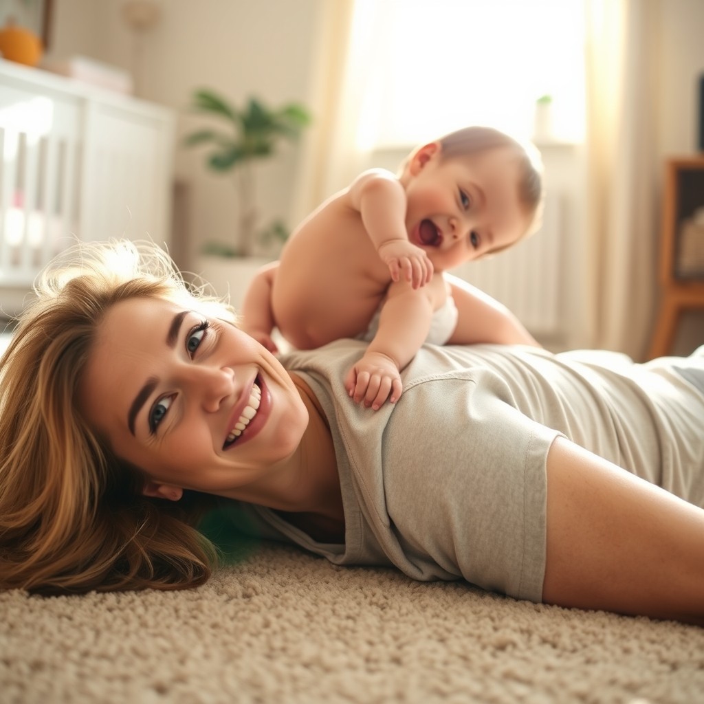 A playful scene featuring a 40-year-old mother lying comfortably on a carpeted floor, with her toddler playfully sitting on her head