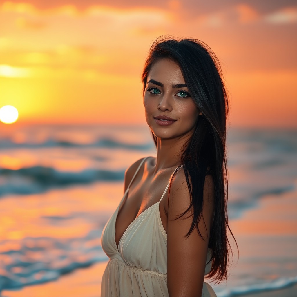 A full-body portrait of a 23-year-old woman with long black hair and vibrant green eyes