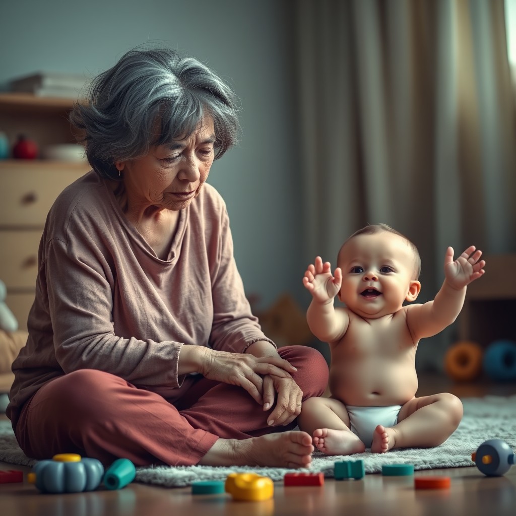 An intimate and heartwarming scene depicting a tired-looking older mother sitting on the floor, exuding a sense of weariness and love
