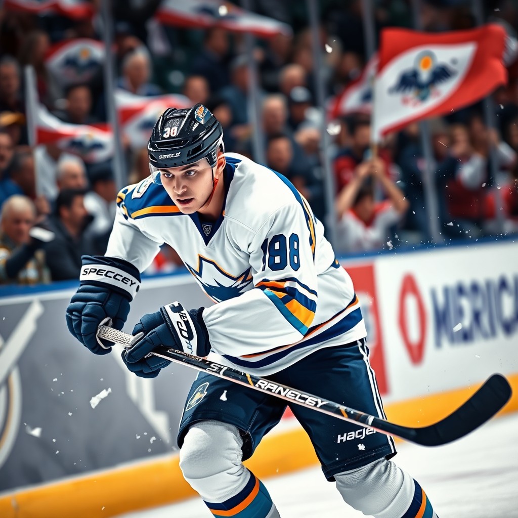 A dynamic and powerful ice hockey player in action, wearing a vibrant team jersey with colors of blue and white, skating on an ice rink with a focus on agility and speed