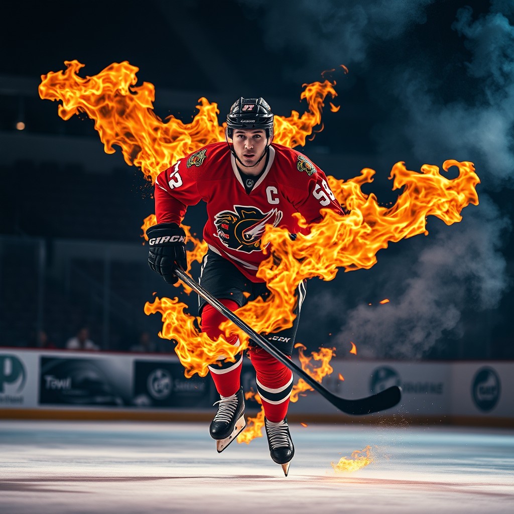 A dramatic scene of an ice hockey player dramatically engulfed in flames, symbolizing intensity and passion for the game