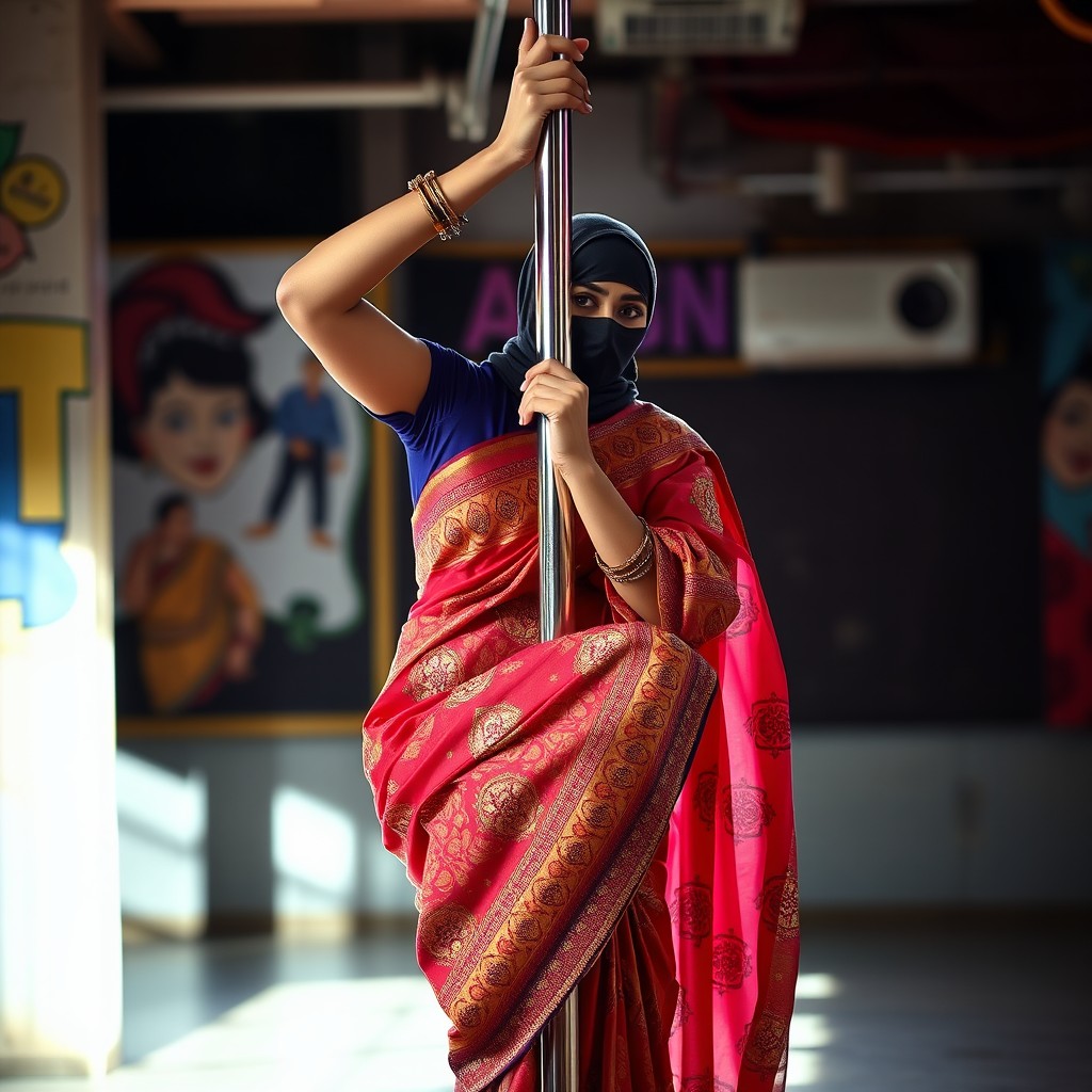 A striking image of a woman wearing a vibrant, intricately designed saree while skillfully pole dancing