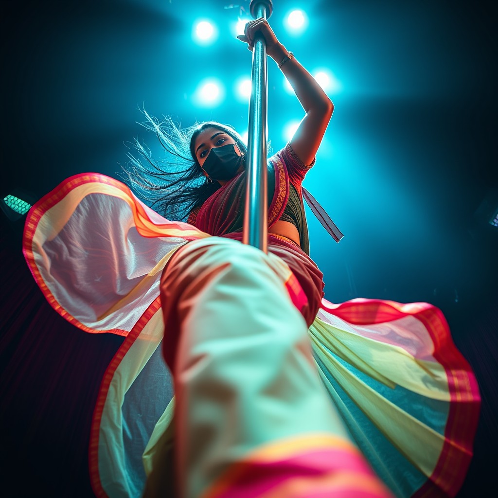 A dynamic point-of-view perspective of a woman wearing a flowing, colorful saree while performing an energetic pole dance