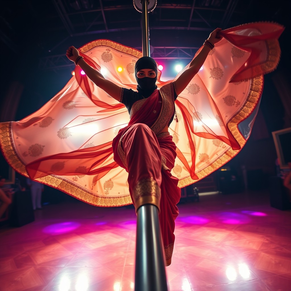 A thrilling point-of-view perspective capturing a woman in a stunning, ornate saree performing an impressive pole dance routine