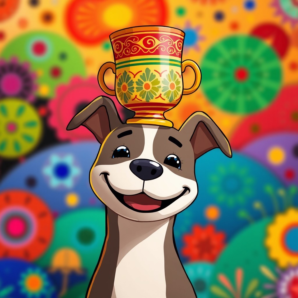 A whimsical scene featuring a Pamiri ornament cup, intricately designed with traditional patterns, placed on the head of a cheerful, anthropomorphic character resembling a cartoonish version of a pit bull