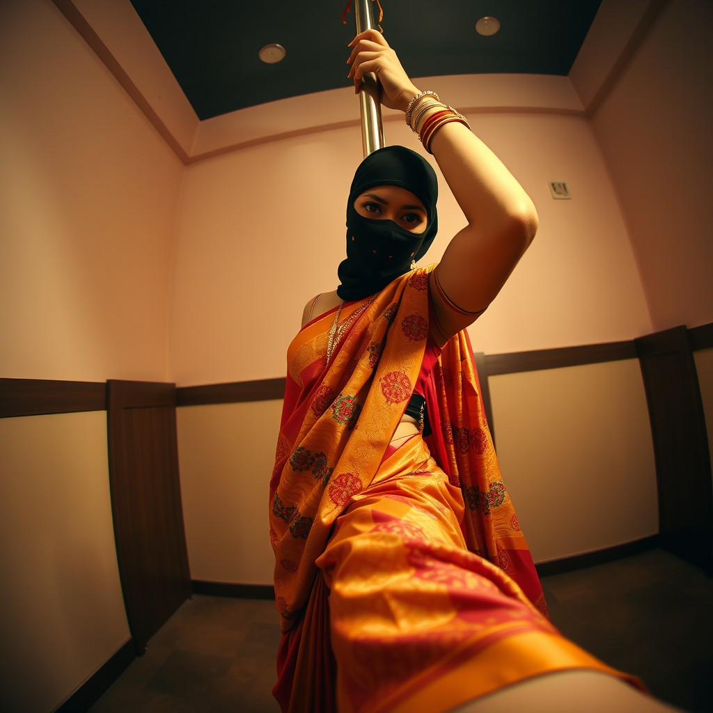 A captivating scene featuring a woman elegantly dressed in a traditional saree, adorned with intricate patterns and vibrant colors, performing a stunning pole dance
