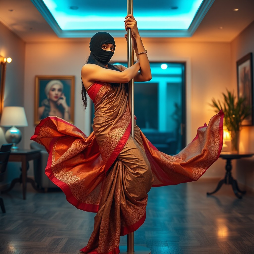 A dynamic and artistic scene showcasing a woman in a beautifully draped saree, featuring elegant patterns and rich colors, performing a captivating pole dance in a stylish room