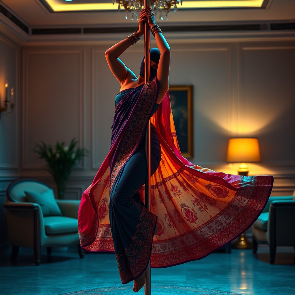 A visually striking scene of a woman gracefully performing a pole dance in a stylish room, adorned in a colorful saree that flows beautifully as she moves